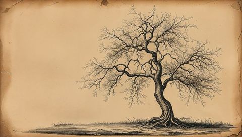 Monochrome illustration of solitary tree on aged parchment