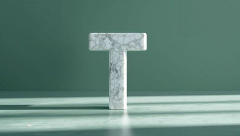 White marble letter t sculpture in minimalist green interior