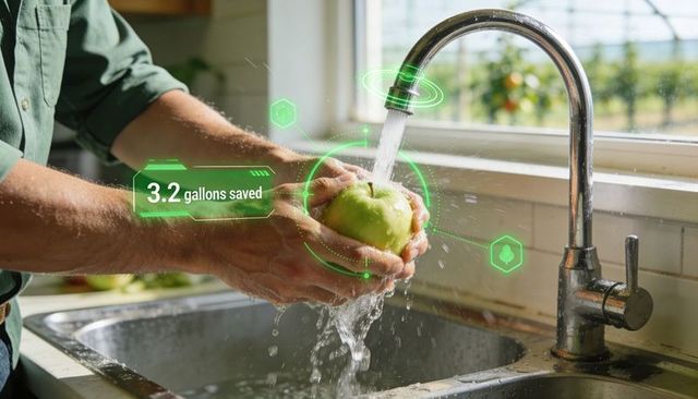 Rinsing green apple under smart faucet showing 3.2 gallons saved