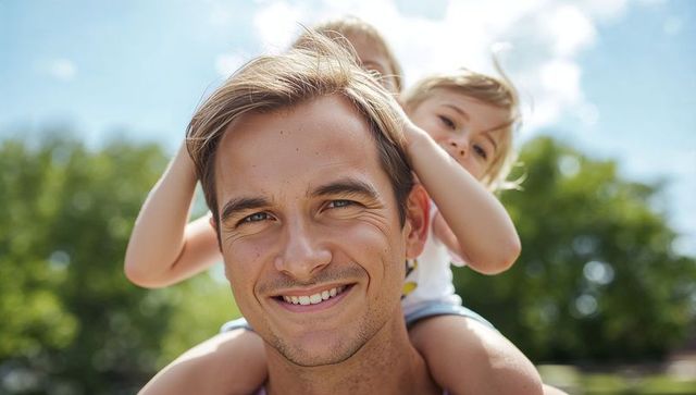 Smiling father carrying child on shoulders in sunny park — joyful outdoor family portrait