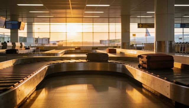 Sunlit baggage carousel carrying rolling suitcases through modern airport terminal at golden hour