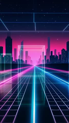 Vertical neon grid racing into cyberpunk skyline with glowing retro-futuristic frames