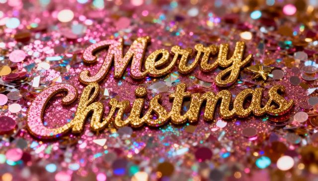 Merry christmas gold-glitter sign on pink sequin background closeup holiday sparkle