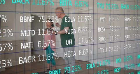 Male instructor guiding female trainee in dance studio with stock market ticker overlay
