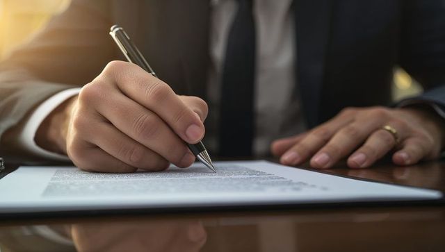Executive signing contract with metal pen close-up showing wedding band