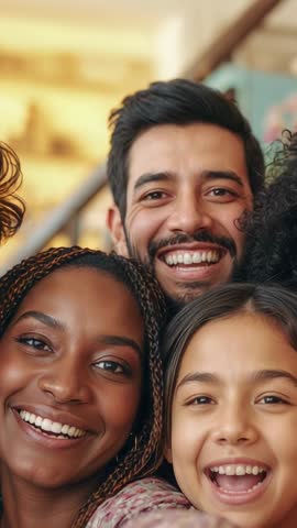 Smiling friends holding phone, leaning into camera, taking joyful vertical selfie video at home
