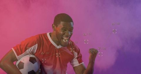 Ecstatic Soccer Player Celebrating Victory with Digital Overlays