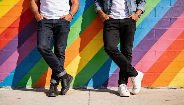 Two men leaning against rainbow mural wearing white tees and denim jacket