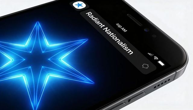 Glowing neon star on smartphone display showing radiant nationalism notification, futuristic ui