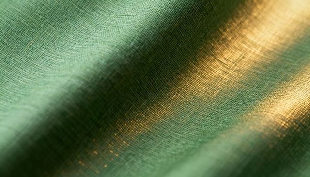 Emerald linen weave with golden metallic highlight, macro textile texture and soft folds
