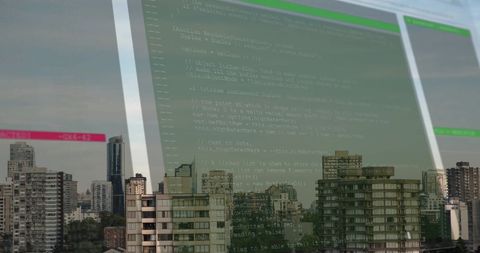 Data processing code overlaying cityscape