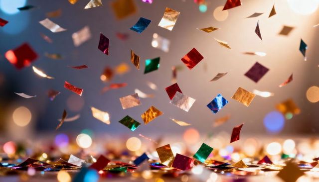 Falling multicolor foil confetti glittering over warm bokeh lights on reflective surface