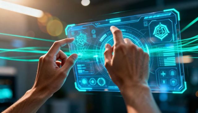 Hands manipulating holographic interface with teal data streams and futuristic hud