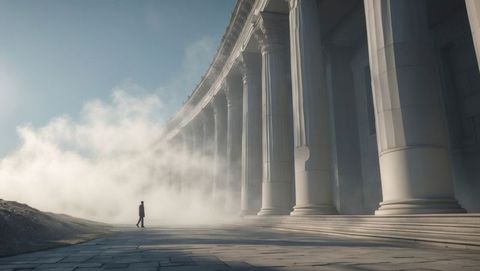 Lonely figure strolling past misty classical columns
