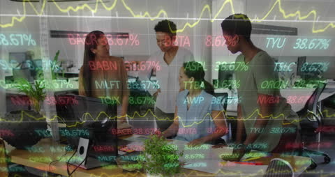 Financial Analytics Overlay with Diverse Team in Modern Office