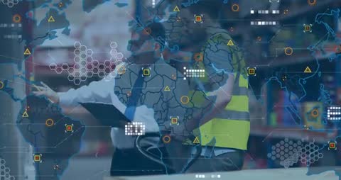 Manager Guides Worker with Interactive Map Overlay in Warehouse Operations