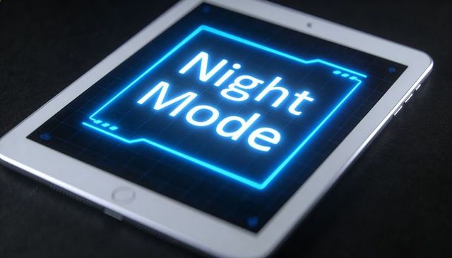 Tablet showing neon night mode interface on touchscreen with blue glow and home button