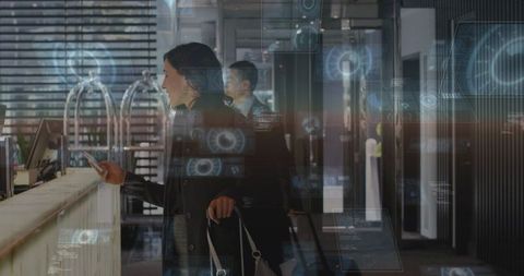 Business traveler checking in at hotel lobby with smartphone and luggage, hud overlay