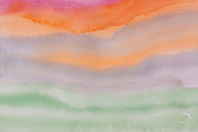 This abstract watercolor features a gradient of sunset colors blending harmoniously with each other. The top portion has vibrant orange and pink hues gradually merging into softer purples, and greens towards the bottom. Ideal for use in artistic projects, background designs, greeting cards, or as striking wall art in creative spaces.