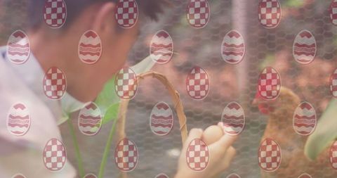 Easter egg overlay with boy feeding chicken in backyard