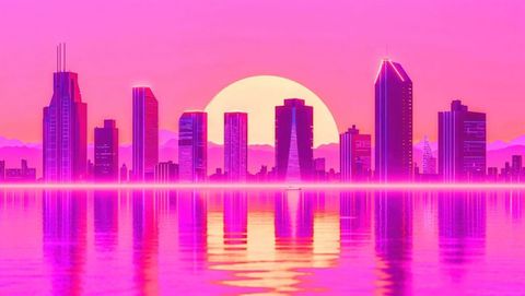 Futuristic Neon Skyline Reflecting in Tranquil Water at Dusk