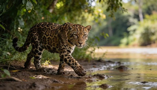 Jaguar walking muddy riverbank beneath lush canopy, riparian predator in tropical forest