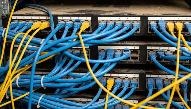 Blue ethernet patch cables connecting network switches in data rack with numbered ports