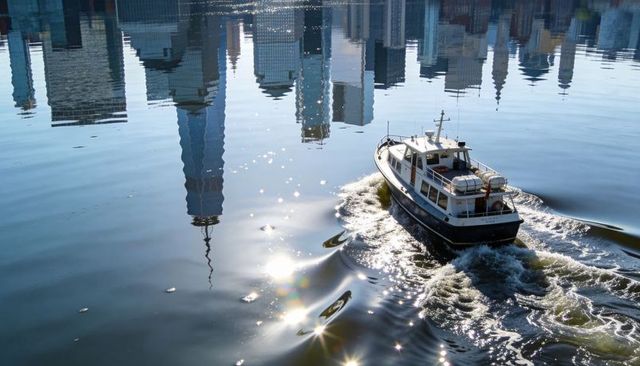 Sunlit ferry leaving foamy wake through calm harbor with mirrored city skyline reflection