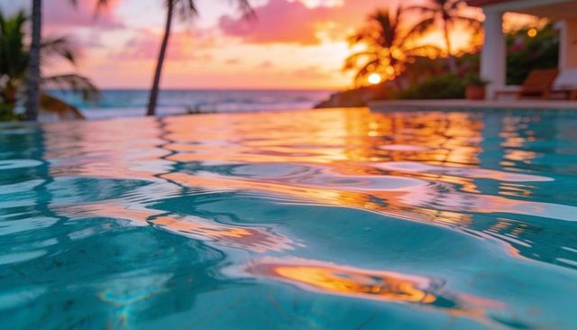 Turquoise pool water reflecting golden sunset over beachside resort with palm silhouettes