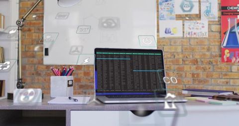 Developer Laptop Running Terminal with Holographic Tech Overlays on Modern Workspace