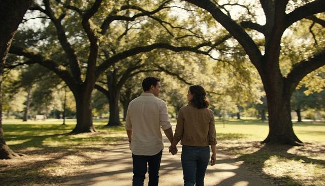 Couple walking hand-in-hand under sprawling oak canopy in sunlit urban park
