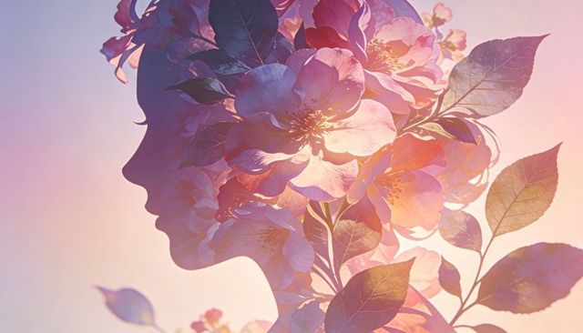 Blooming silhouette: pastel floral profile collage with glowing blossoms and leaves