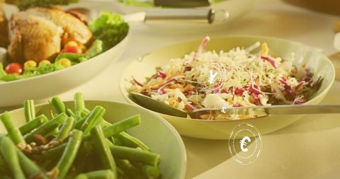 Serving sunlit slaw and green beans with digital currency overlays for food finance