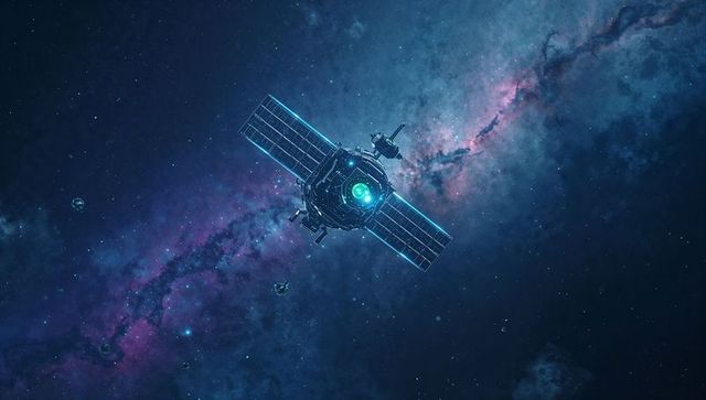 Futuristic satellite navigating through asteroid-rich outer space