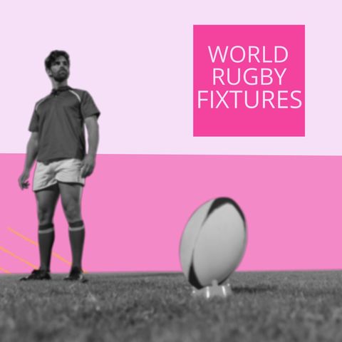 Rugby player with world rugby fixtures banner on pink background