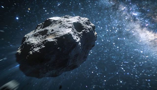 Rocky asteroid drifting through dense starfield with milky way backdrop and motion blur