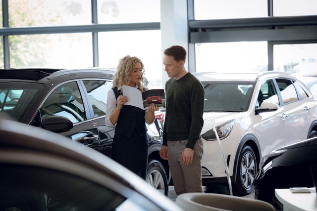 Saleswoman showing brochure to male customer while standing by cars in showroom