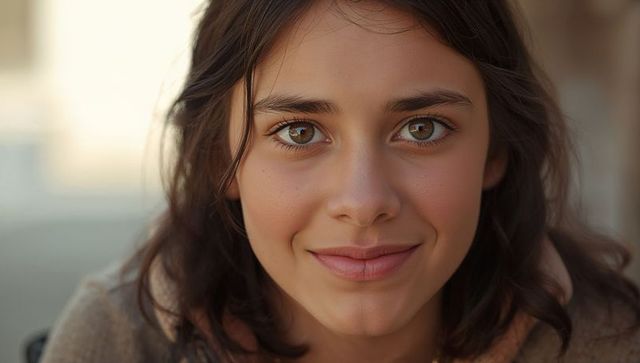 Close-up teen girl smiling with warm brown eyes in urban hoodie portrait