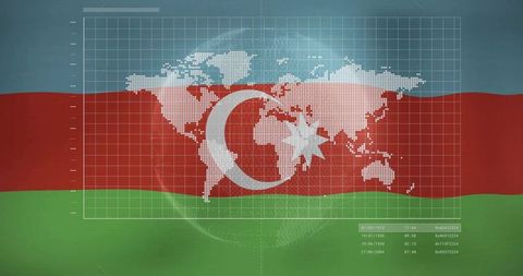 Azerbaijan tricolor flag overlaying world map with digital grid and data visualization