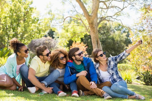 Group of Friends Taking Selfie in Park on Sunny Day - Download Free Stock Photos Pikwizard.com