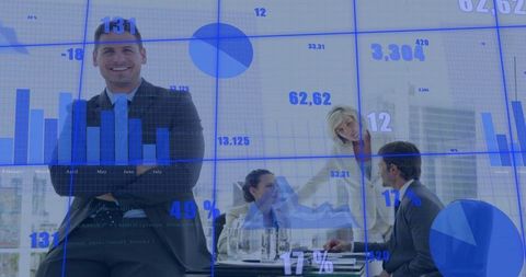 Business team analyzing blue data visualizations with confident executive in boardroom