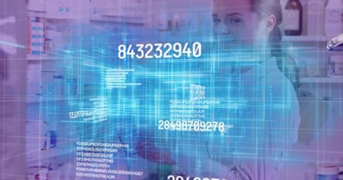 Pharmacist standing by pharmacy shelves displaying holographic data and numeric codes
