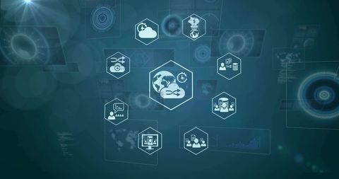Syncing Global Cloud Network HUD with Data Icons Over Teal Technology Dashboard Background