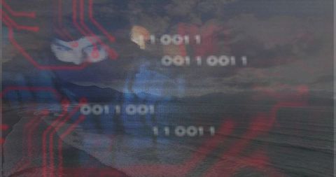 Abstract Hacker Mask Over Scenic Seascape with Binary Code