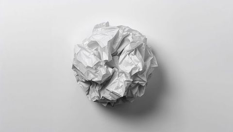 Crumpling white paper ball casting soft shadow on minimal gray surface for concept design