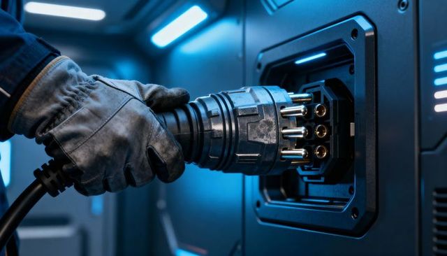 Technician guiding heavy-duty multi-pin connector into industrial equipment bay with blue leds