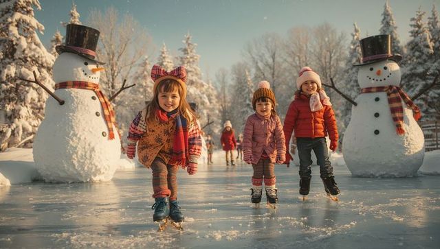 Children ice skating with snowmen on sunny winter day