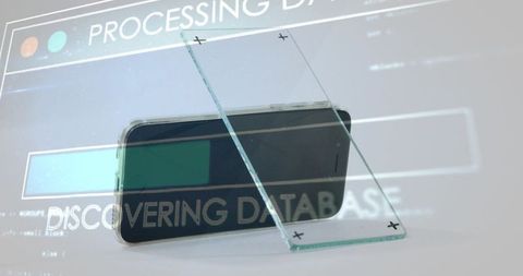 Smartphone with glass panels and futuristic database interface overlay on white surface