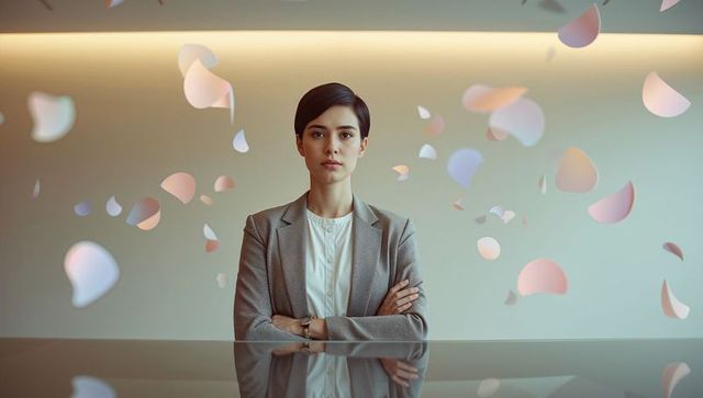 Confident asian businesswoman standing with arms crossed in minimal office with pastel petals