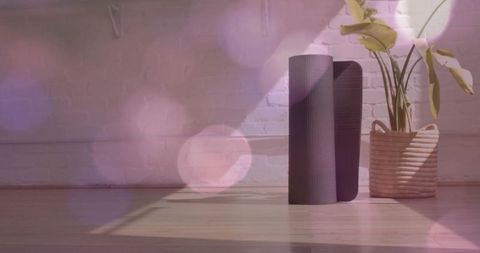 Minimal yoga mat standing beside woven planter on sunlit wood floor with bokeh